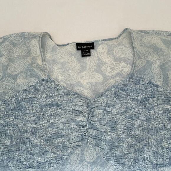 Lane Bryant Pale Blue Paisley Boho Short Ruffle Sleeve Top/Blouse Ruched, 18/20 - Picture 8 of 13